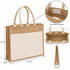 A jute tote bag with a natural brown finish and a cream pocket, featuring two handles and a velcro closure.