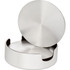 A stainless steel coaster with a sleek, shiny finish, featuring a circular design and a small opening.