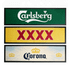 A set of three bar mats in green, yellow, and blue, featuring logos from Carlsberg, XXXX, and Corona.