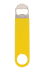 A yellow vinyl wrapped paddle-style bottle opener with a stainless steel opener at one end and a circular keyring attachment.