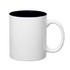 A white stoneware mug with a navy blue interior and a C-handle, featuring a logo.