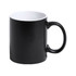 A coffee mug with a black exterior and white interior, featuring a handle and a branding logo.