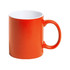 An orange coffee mug with a white interior and a handle, featuring a logo.