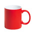 A red coffee mug with a white interior and a classic handle. It features a logo.