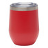 A drink cup in bright red with a stainless steel rim and clear lid, designed for reusable coffee use.