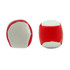 A colourful hacky sack, featuring red and white panels, designed for fun and games. It has a smooth, rounded shape.