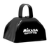 A black classic cowbell with a handle, featuring a logo on one side.