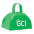 A green classic cow bell with a handle and a logo on one side, suitable for events and exhibitions.