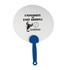 A round plastic hand fan in white with a blue handle, featuring a logo and text related to a university.