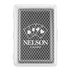 A clear case containing playing cards with a black design featuring three playing cards and a logo.