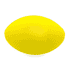 A yellow football-shaped stress toy with a smooth surface and a rounded design. It features a logo on one side.