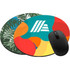 Round neoprene mouse pads in colourful designs, featuring a logo, with a black computer mouse on one of them.