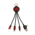 A round-shaped, light-up multi charging cable in black and red, featuring multiple connectors and a keyring attachment.