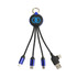 A round-shaped light-up multi charging cable with four connectors: USB-C, Lightning, and Micro USB, in blue and black.