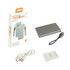 A grey aluminum power bank with a USB cable and user manual, packaged in a box featuring a logo.