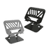 A foldable metal laptop stand in black, featuring a logo and adjustable angle for ergonomic use.