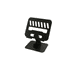 A foldable metal tablet stand in black, featuring adjustable angles and a sturdy base for stability.