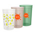 A set of three 650ml translucent plastic stadium cups in white, tan, and green, each featuring a logo.