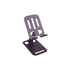 A foldable metal mobile phone stand in dark colour, featuring a sturdy base and adjustable viewing angles.