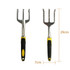 A garden hand tool set featuring a metal cultivator with a black and yellow ergonomic handle, measuring 29cm by 7cm.