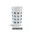 A plastic stadium cup in white featuring a blue geometric design and a logo.