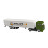 A toy truck in green and white with a branding logo on the side, featuring a long trailer.