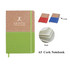 A5 cork notebook with a green bottom and a cork top, featuring a logo and available in additional colours.