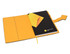 A black and yellow portfolio with a textured cover and an inner pocket, featuring a logo and a bookmark ribbon.