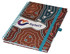 A A5 side-bound notebook with a distinctive Aboriginal art design in brown, red, and blue, featuring a logo on the cover.