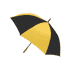 A golf umbrella featuring a yellow and black canopy with a curved wooden handle and a sturdy construction.