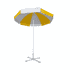 A beach umbrella in yellow and white with a sturdy base. It features eight panels for shade and a centre pole.
