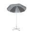 A grey beach umbrella with a sturdy white frame and a cross base for support. It features multiple panels for shade.