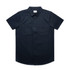 A navy blue short-sleeved shirt with two chest pockets and a collared neckline, featuring a small logo.