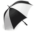 A black and white golf umbrella with a sturdy handle and a logo on the canopy.
