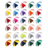 A collection of golf umbrellas in various colours, each with a curved design and a black handle. Some feature logos.