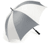 A large golf umbrella in grey and white, featuring a black handle and a logo on the canopy.