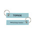 Two woven key tags in light blue featuring metal key rings and a logo.