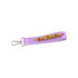 A purple sublimation keyring with a metal clasp and a colourful design. It features a logo.
