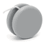 A grey plastic yoyo with a white string, featuring a smooth, rounded design and a simple aesthetic.
