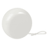 A white plastic yoyo with a string attached. The yoyo features a smooth, glossy surface.
