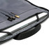 A grey laptop case featuring an interior pocket and compartments for accessories, including pens. It has a handle and branding.