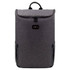 A grey backpack with a zippered top, featuring a handle and side pockets, plus a branding logo.