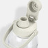 A drink bottle in light grey and clear, featuring a chug spout and a handle. It has a branding logo on the side.