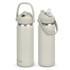 A drink bottle in light grey with a flip straw, featuring a handle and a logo. It holds 600ml.