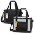 A cooler bag in black and grey, featuring dual handles and a shoulder strap, with a logo and zippered pockets.