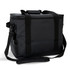 A black cooler bag with sturdy handles and a removable shoulder strap, featuring a logo on the front.