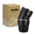 A set of two stackable cups in black with silver rims, presented next to a branded cardboard box.