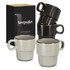 A set of two stackable coffee cups in grey and black, packaged with a box featuring a logo.