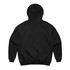 A black hooded jumper featuring a smooth back design and elasticised hem and cuffs. It has a logo.