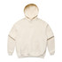 A cream-coloured hoodie featuring a front pocket and a hood, with branding on the garment.